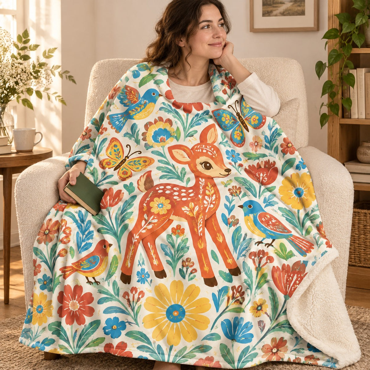 Jardin de los ninos blanket, wrapped around a reader