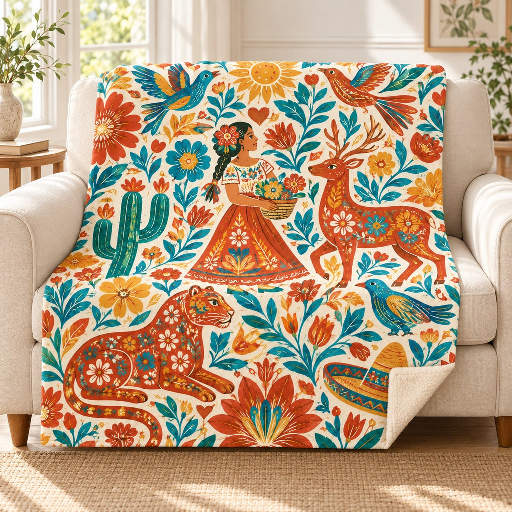 Flores que abrazan blanket, on a sofa