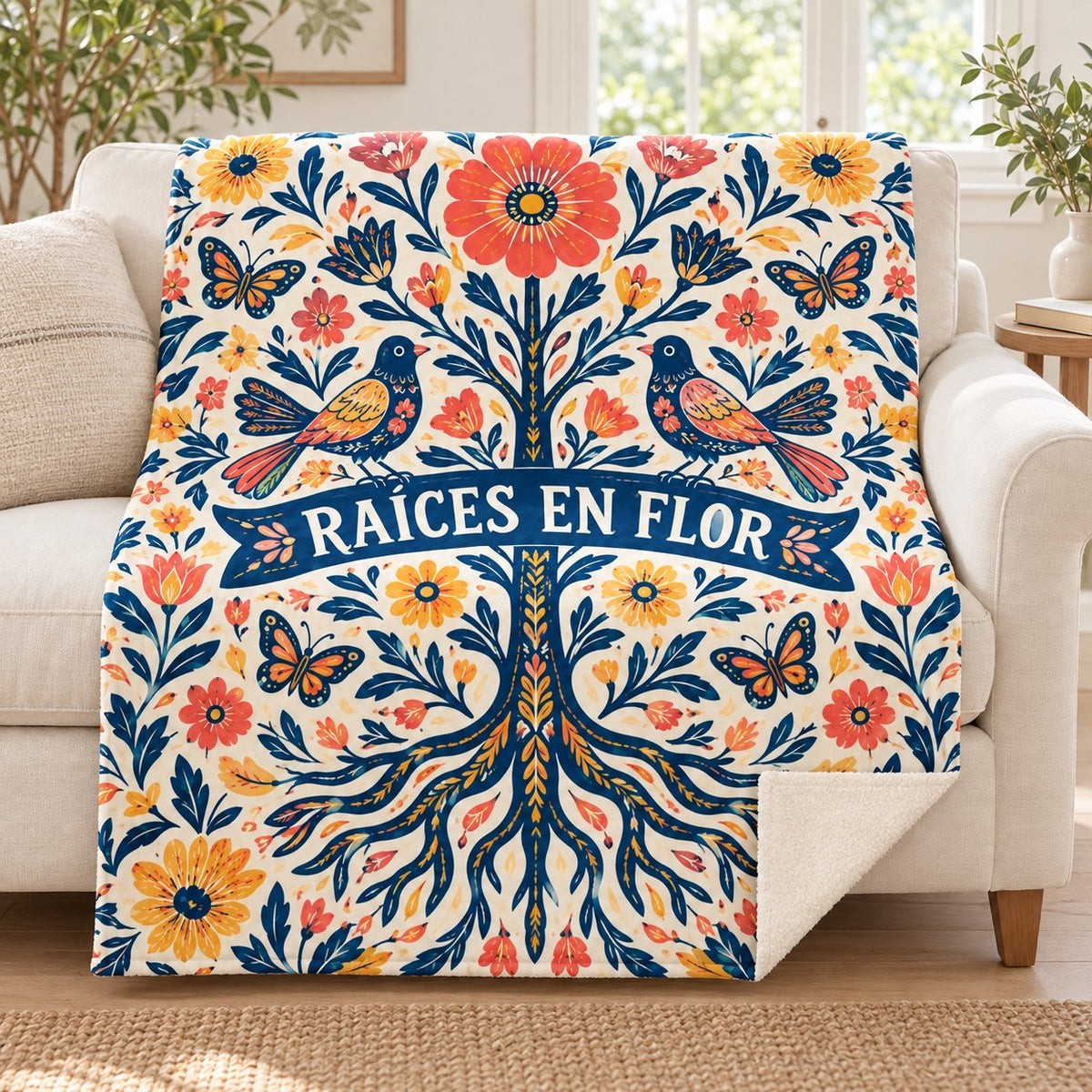 Raices en flor blanket, on a sofa