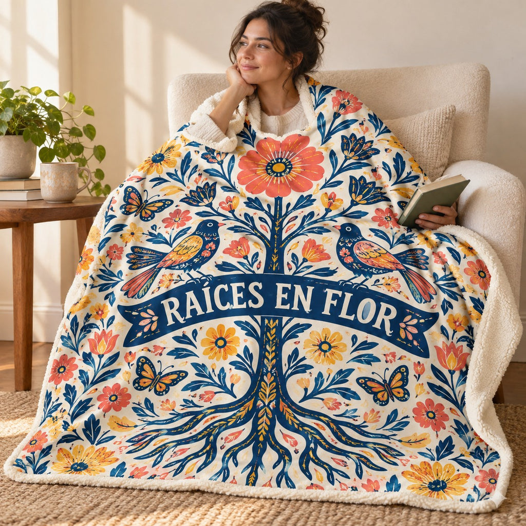 Raices en flor blanket, wrapped around a reader
