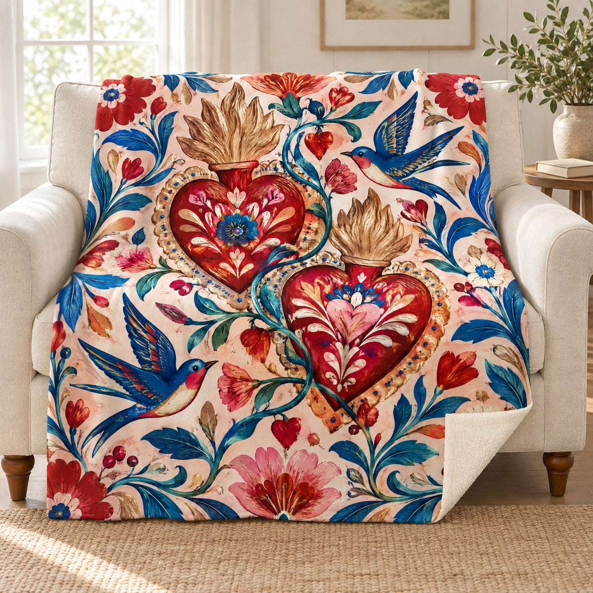 Dos corazones blanket, on a sofa