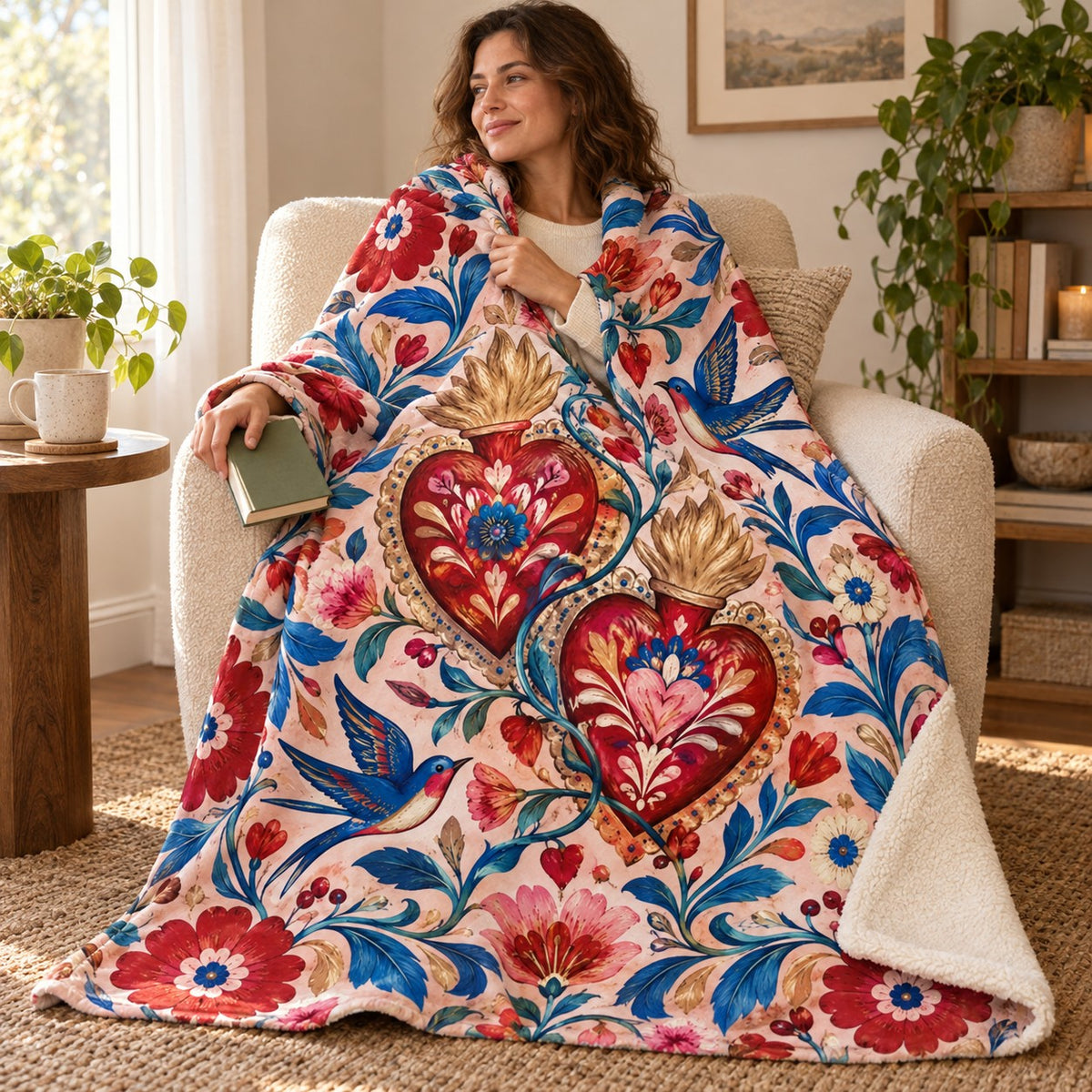 Dos corazones blanket, wrapped around a reader