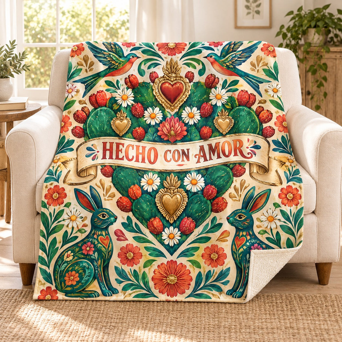 Corazon de nopal blanket, on a sofa