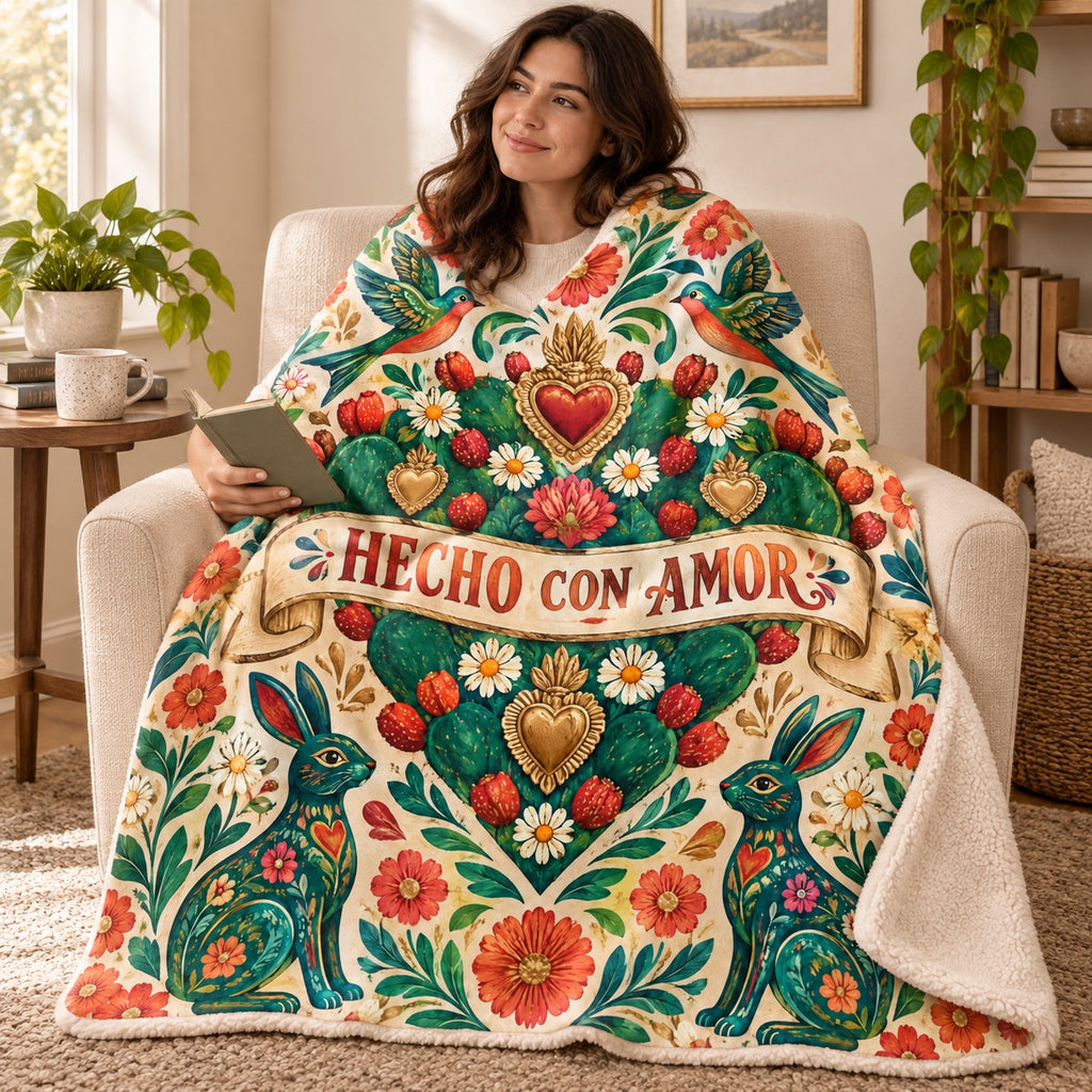 Corazon de nopal blanket, wrapped around a reader