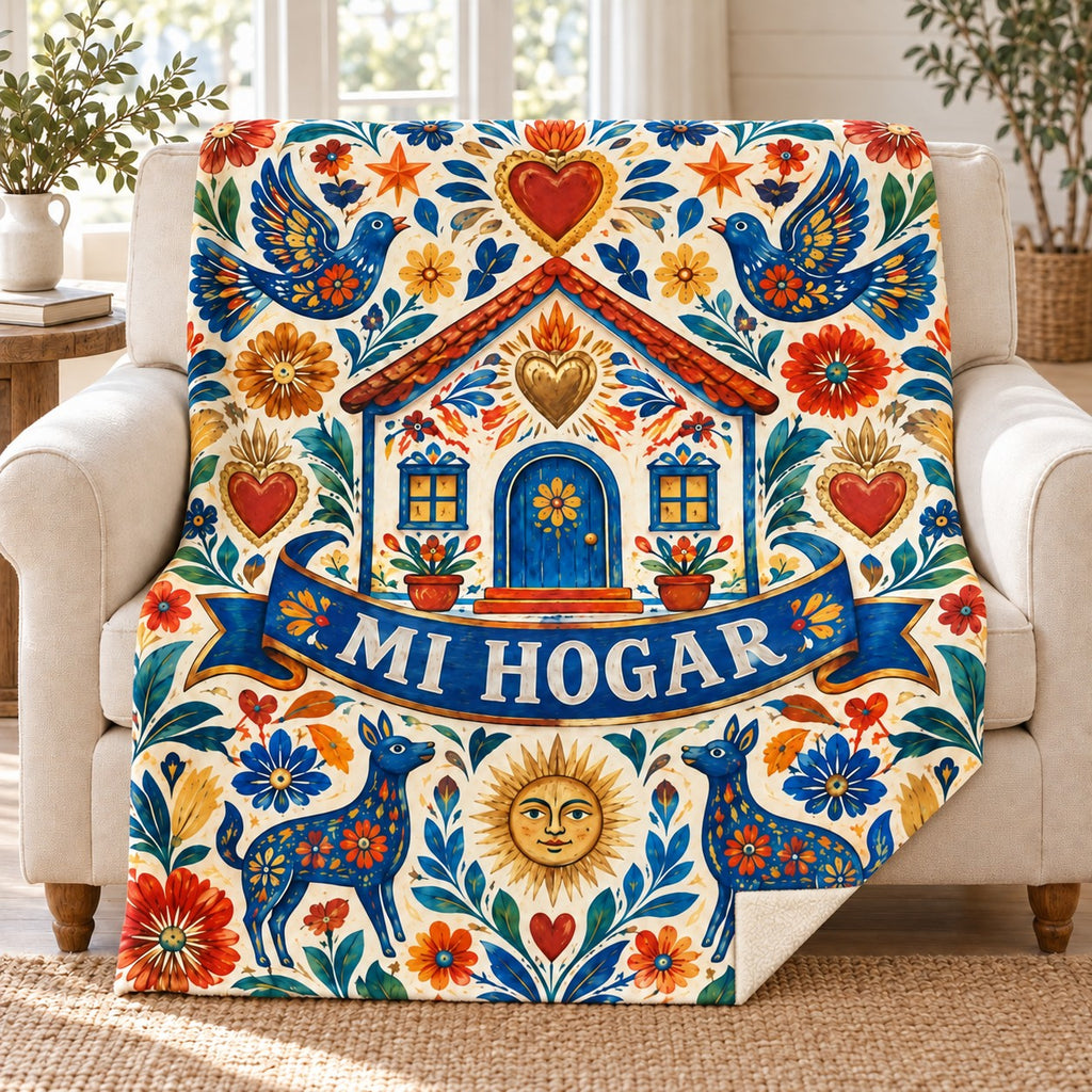 Milagros del hogar blanket, on a sofa