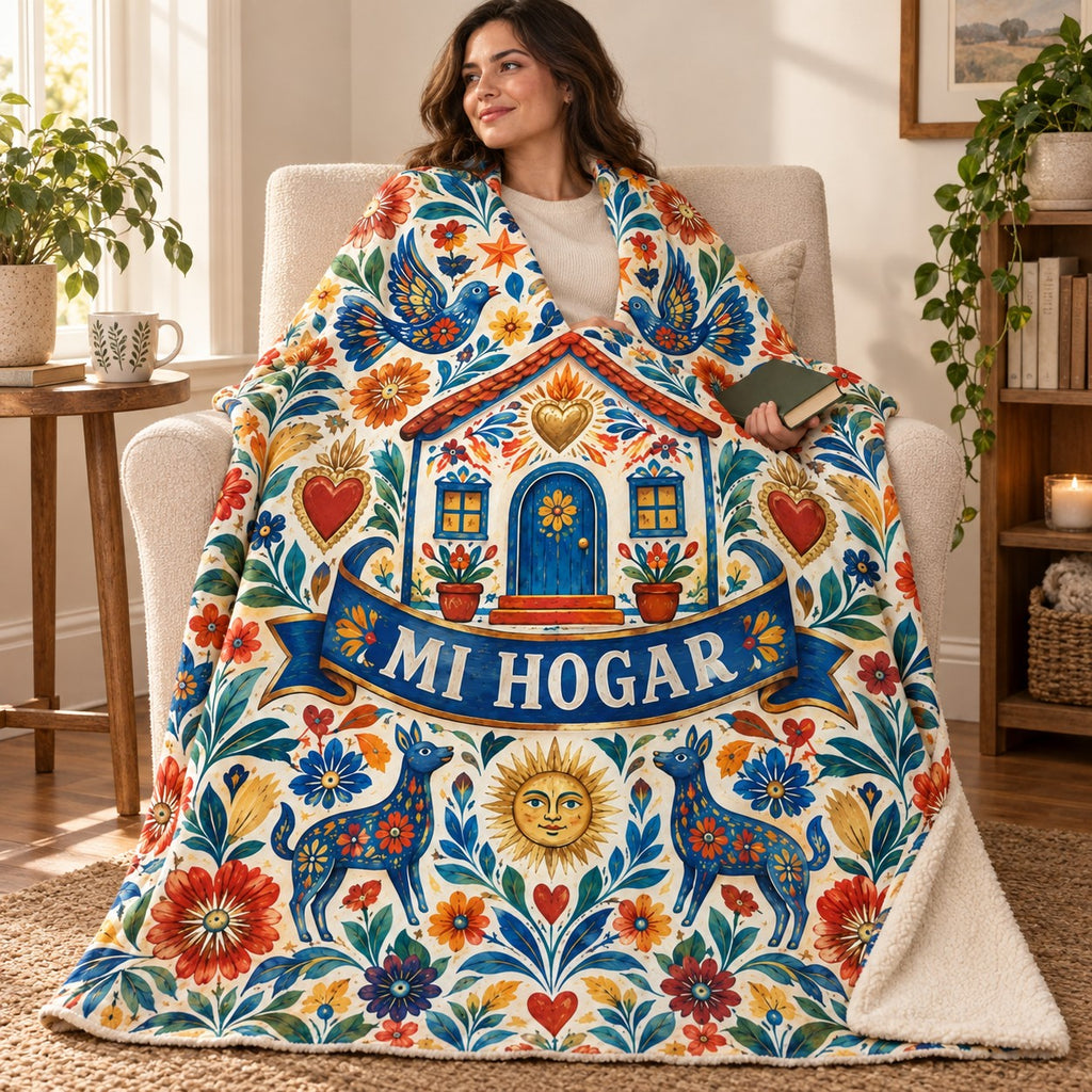 Milagros del hogar blanket, wrapped around a reader