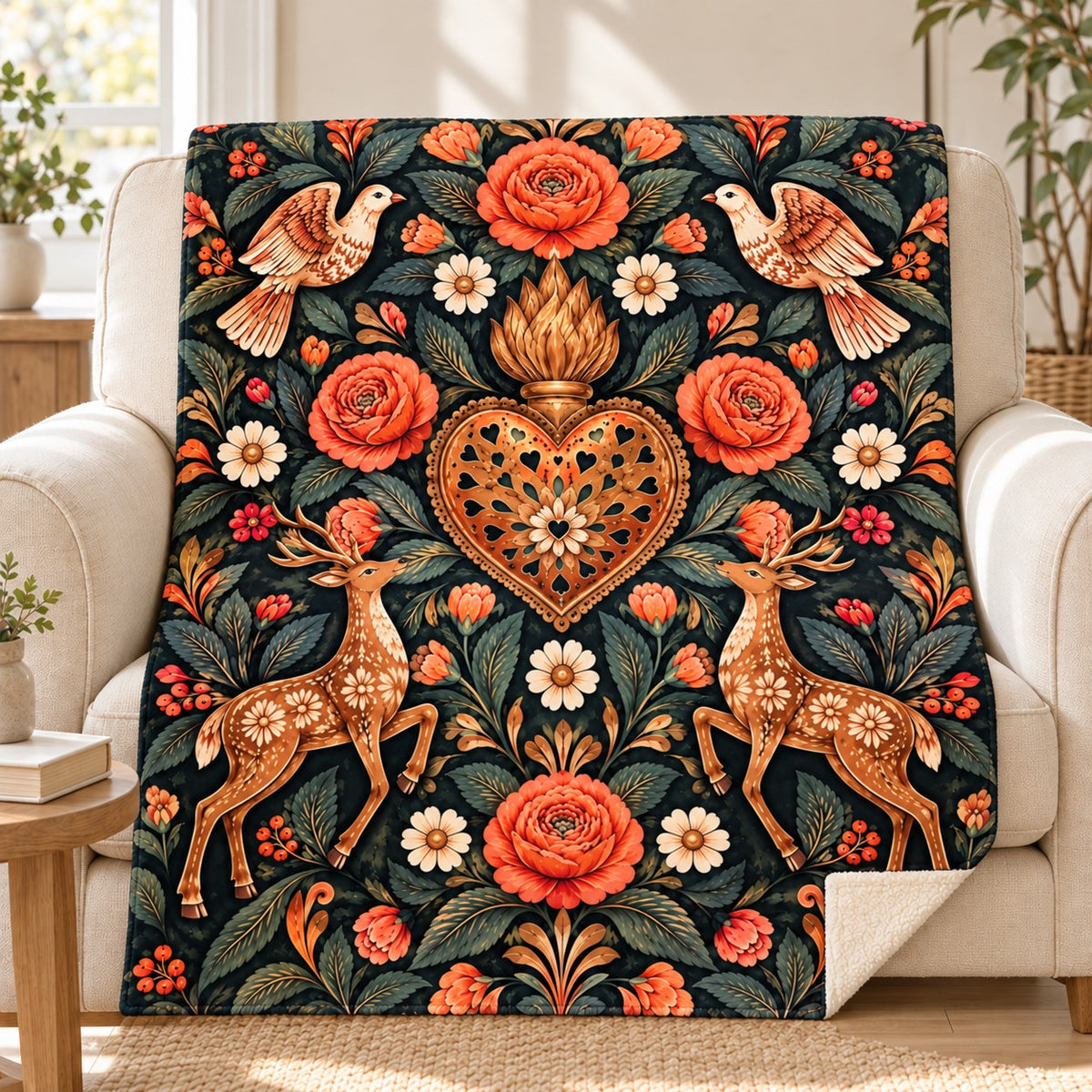 Rosas de cobre blanket, on a sofa