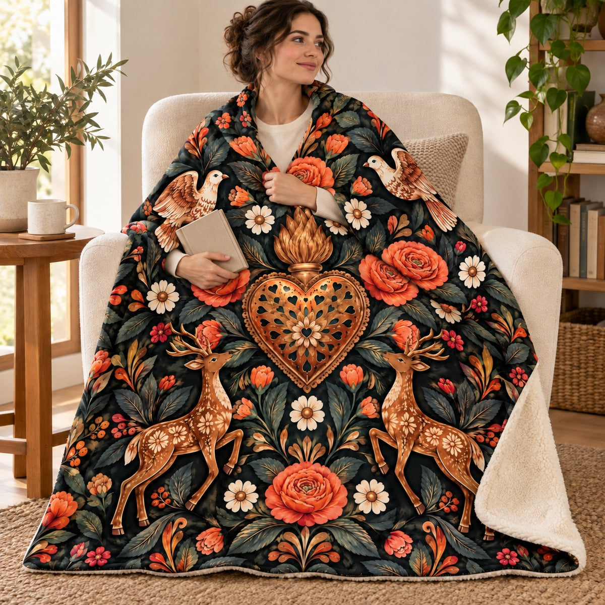Rosas de cobre blanket, wrapped around a reader
