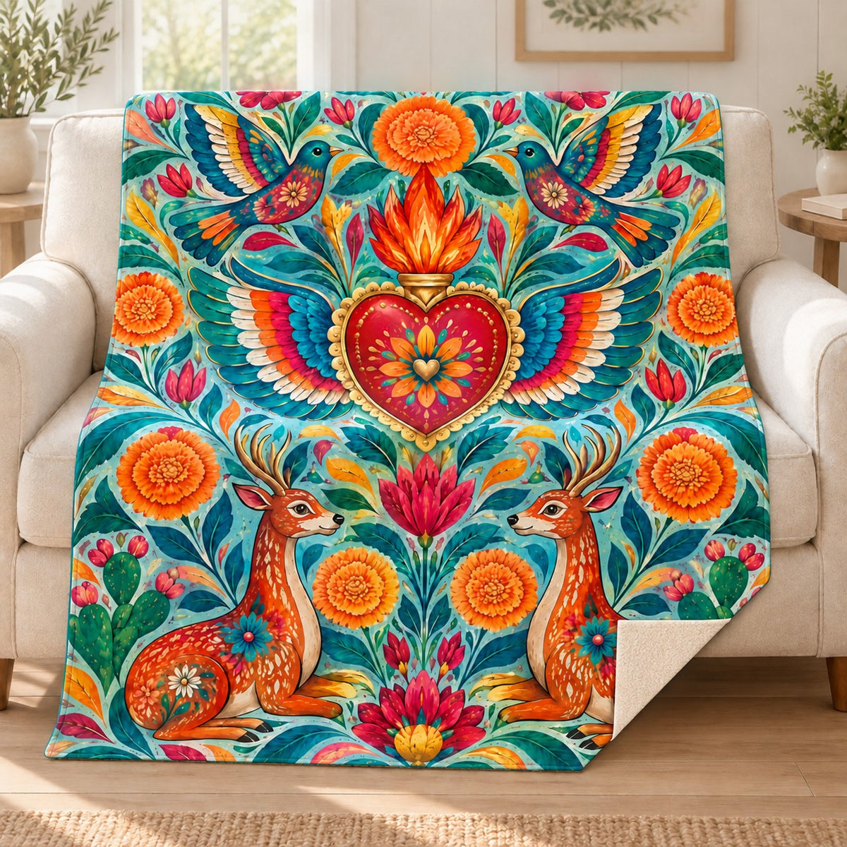 Alas del amor blanket, on a sofa