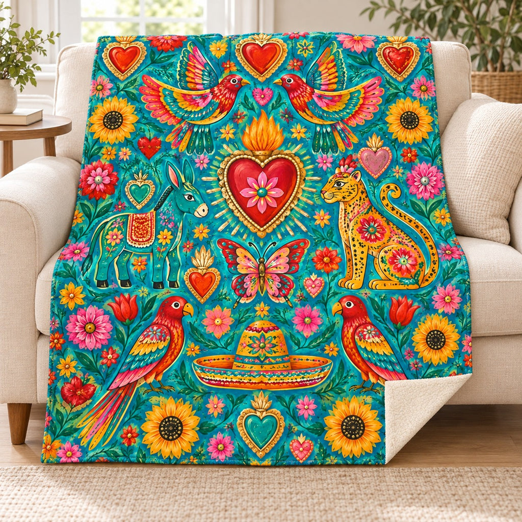 Corazones de fiesta blanket, on a sofa