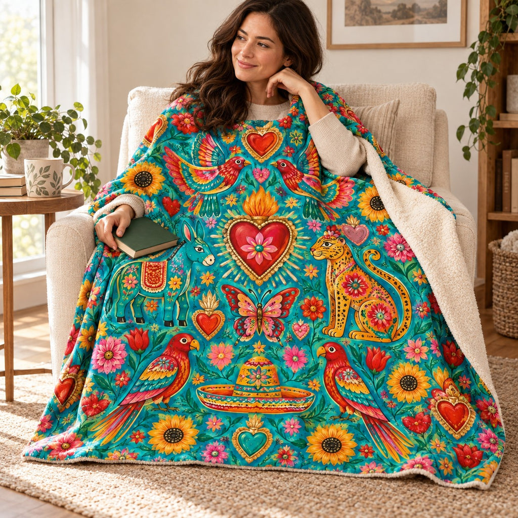 Corazones de fiesta blanket, wrapped around a reader