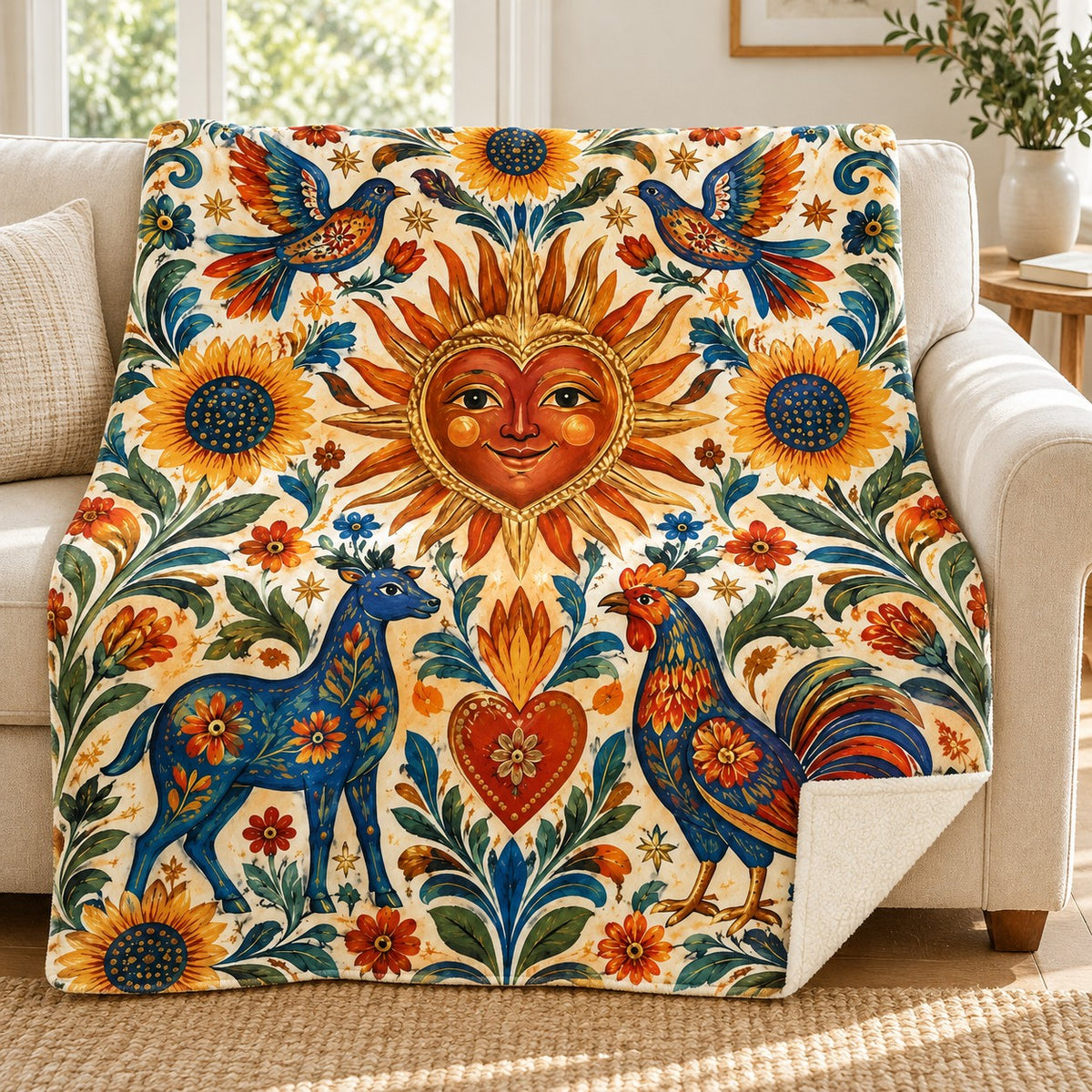 Sol del corazon blanket, on a sofa