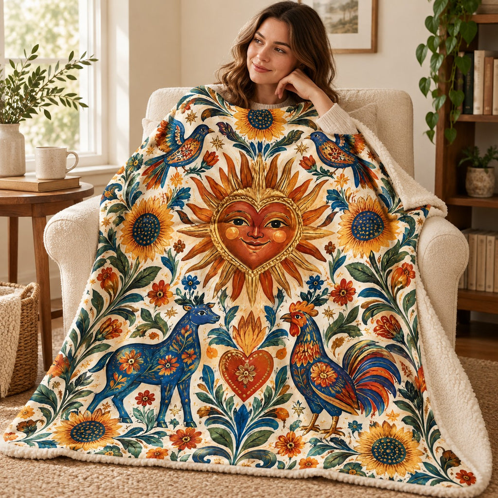 Sol del corazon blanket, wrapped around a reader