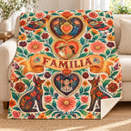 Abrazo de familia blanket, on a sofa