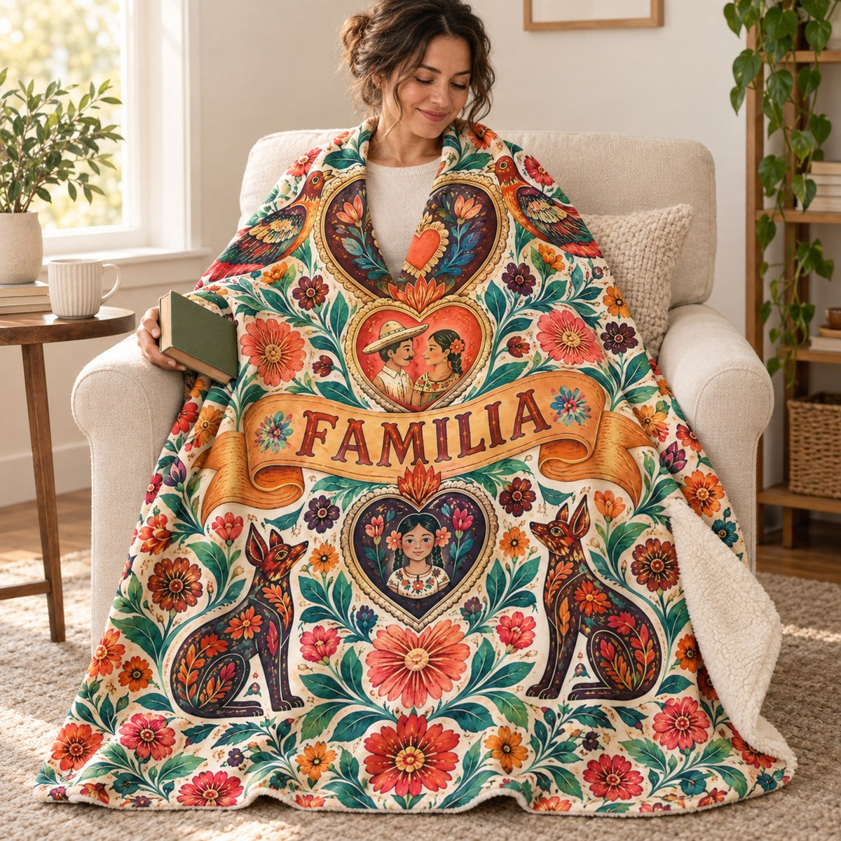 Abrazo de familia blanket, wrapped around a reader