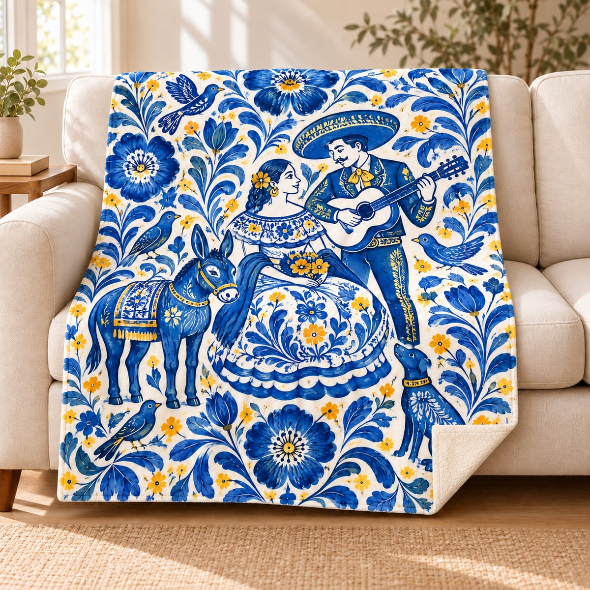 Azul de Puebla blanket, on a sofa
