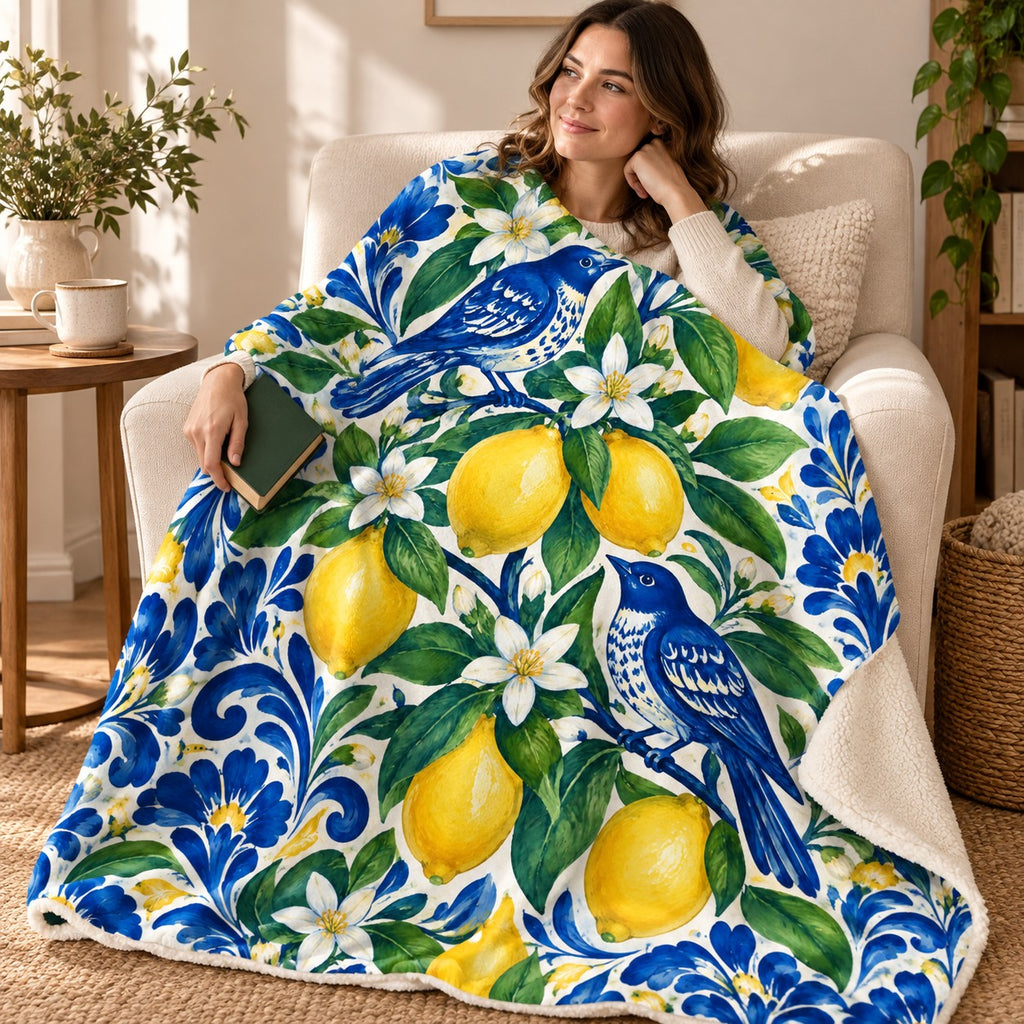 Limones del patio blanket, wrapped around a reader