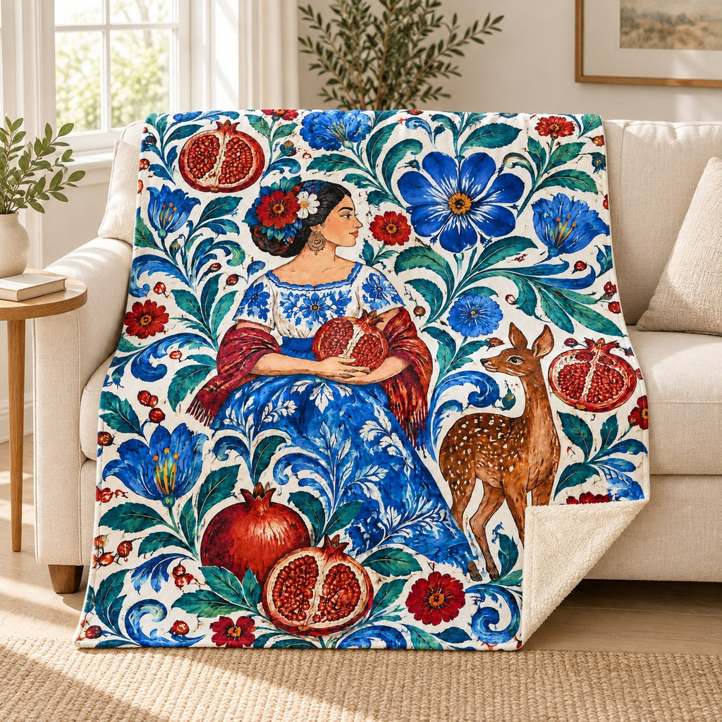 Granadas y flores blanket, on a sofa