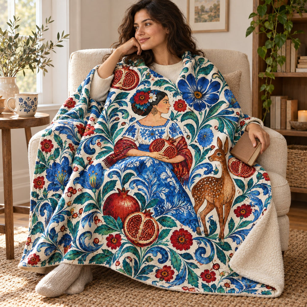 Granadas y flores blanket, wrapped around a reader
