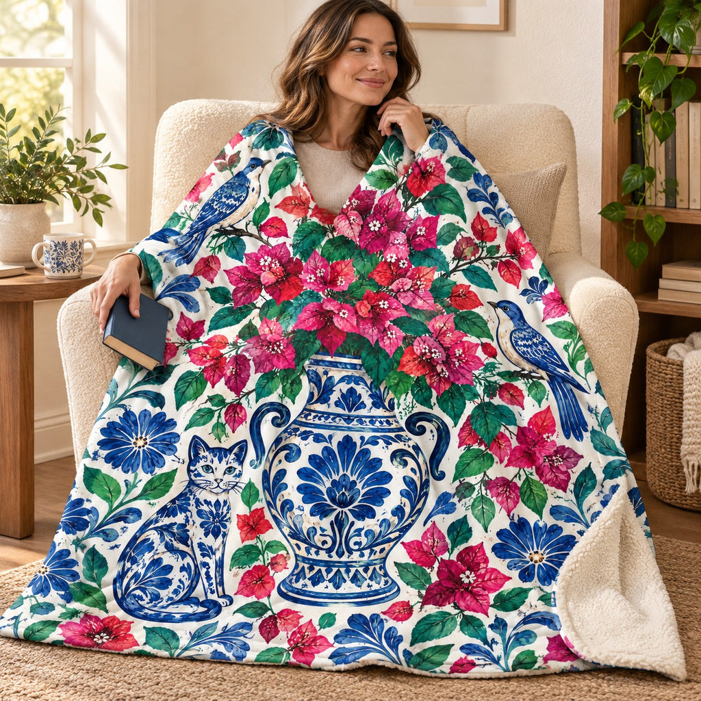 Jarron de bugambilia blanket, wrapped around a reader