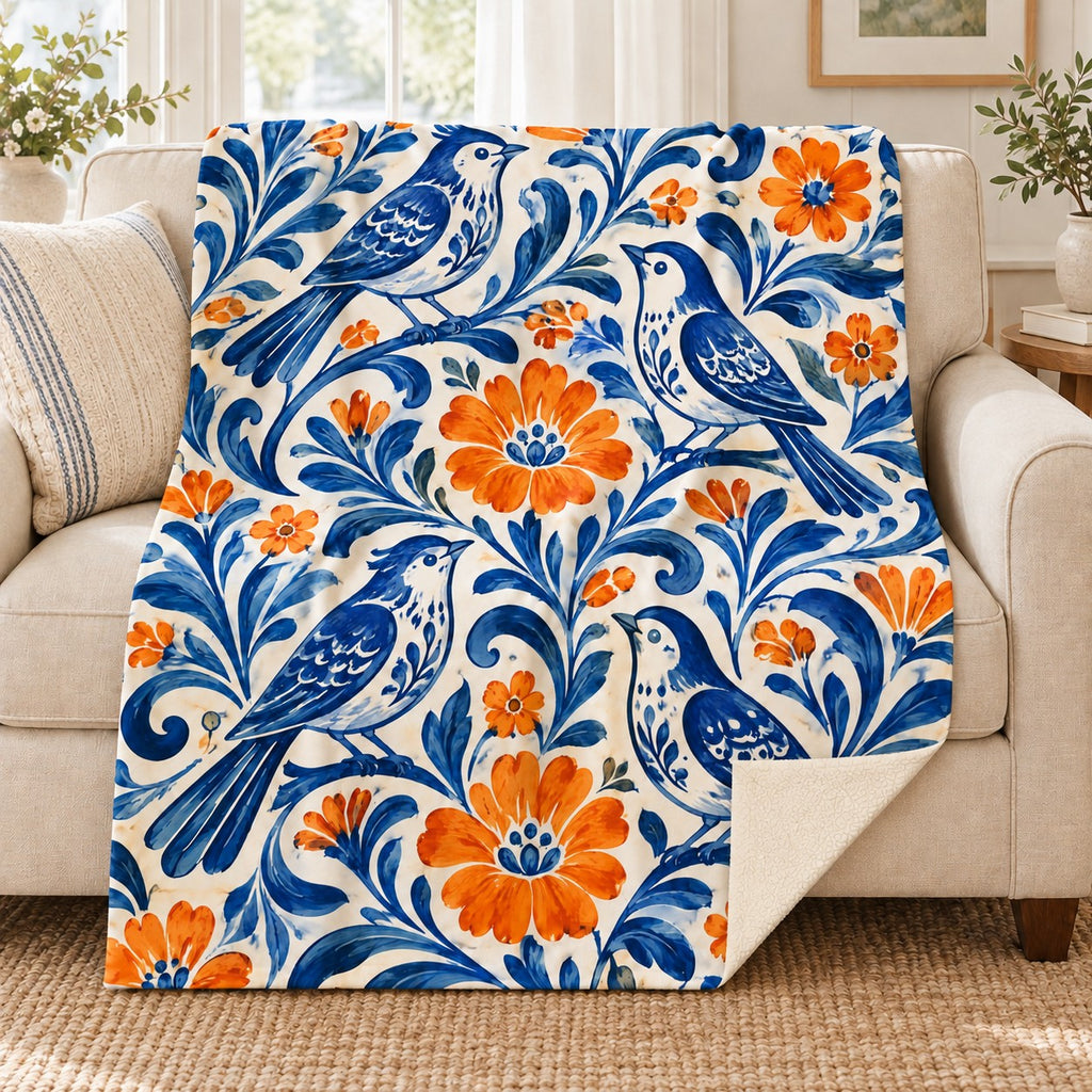 Pajaros de ceramica blanket, on a sofa