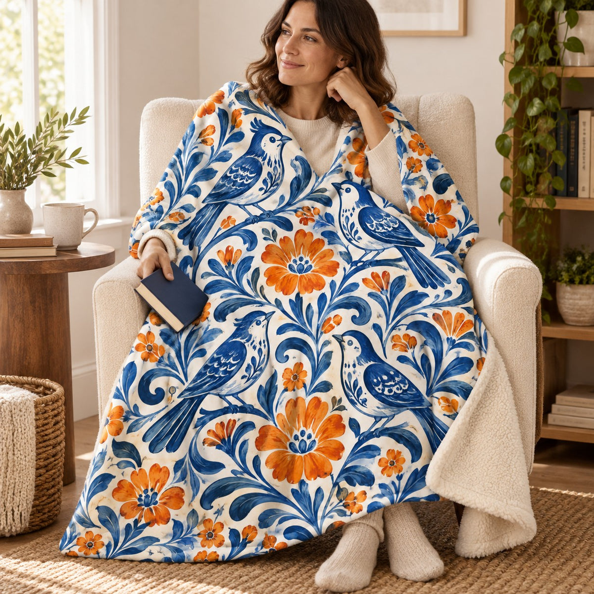Pajaros de ceramica blanket, wrapped around a reader