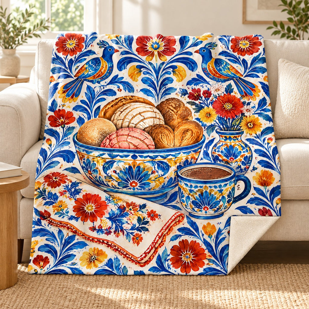 Mesa de la abuela blanket, on a sofa