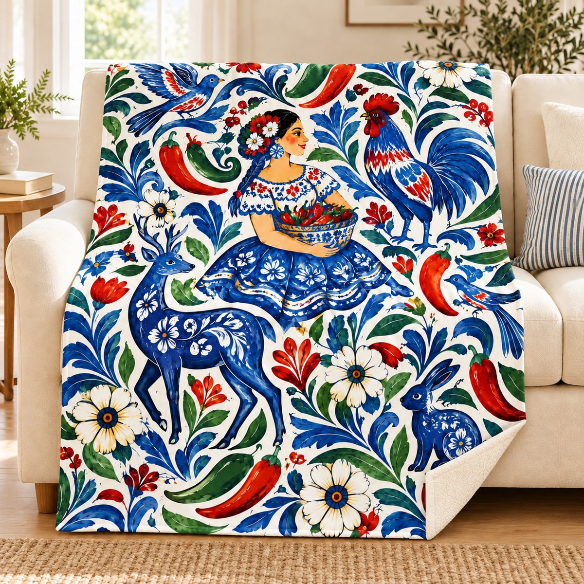Chile y alegria blanket, on a sofa