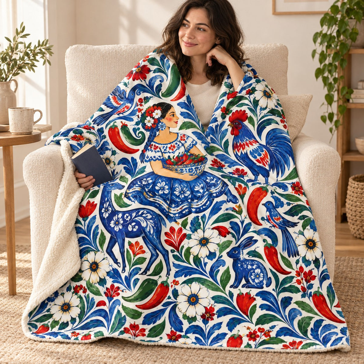 Chile y alegria blanket, wrapped around a reader