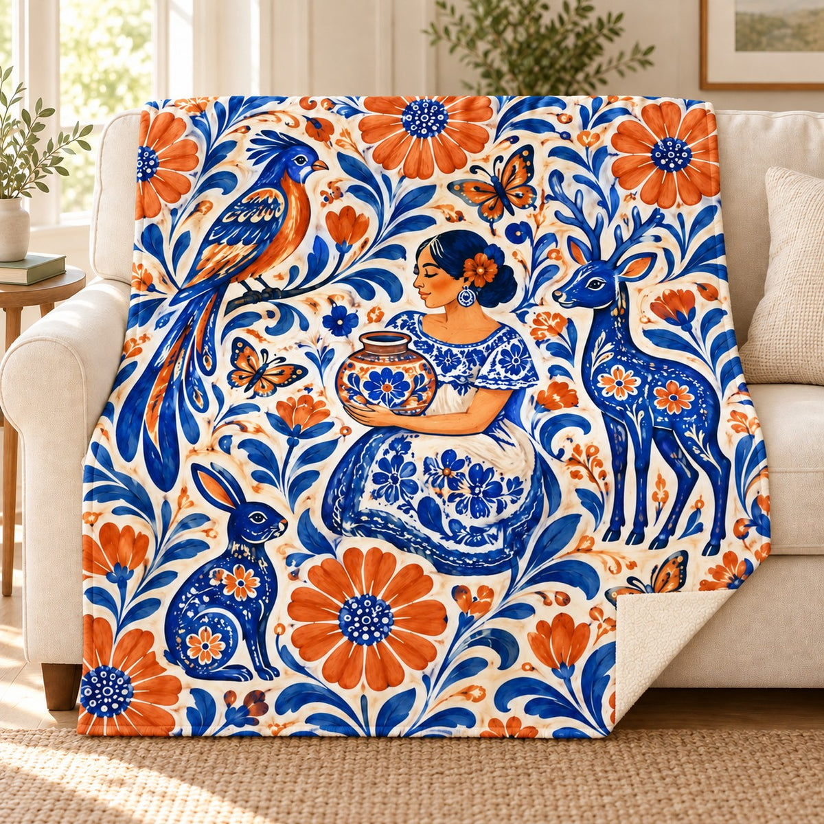 Flores de barro blanket, on a sofa