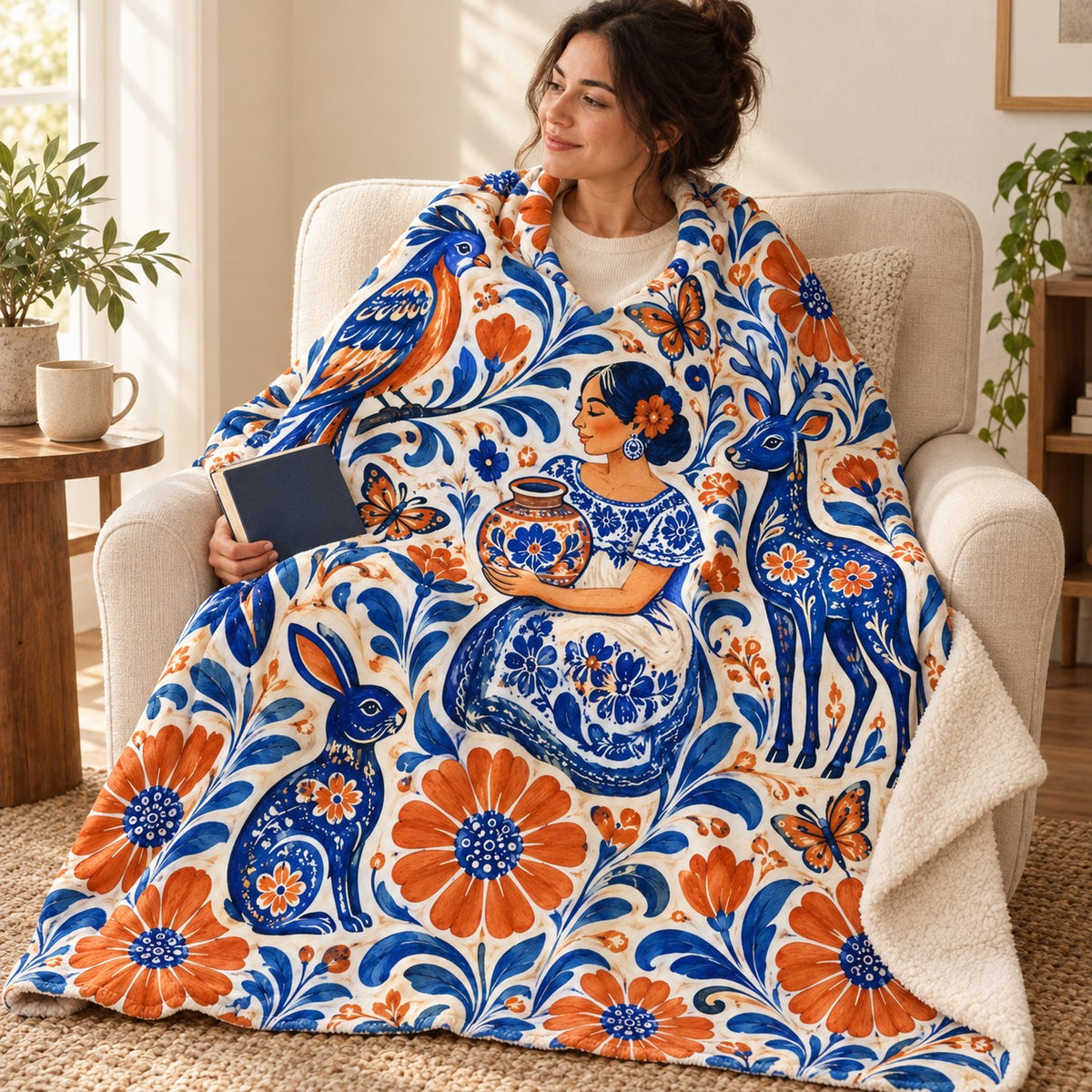 Flores de barro blanket, wrapped around a reader