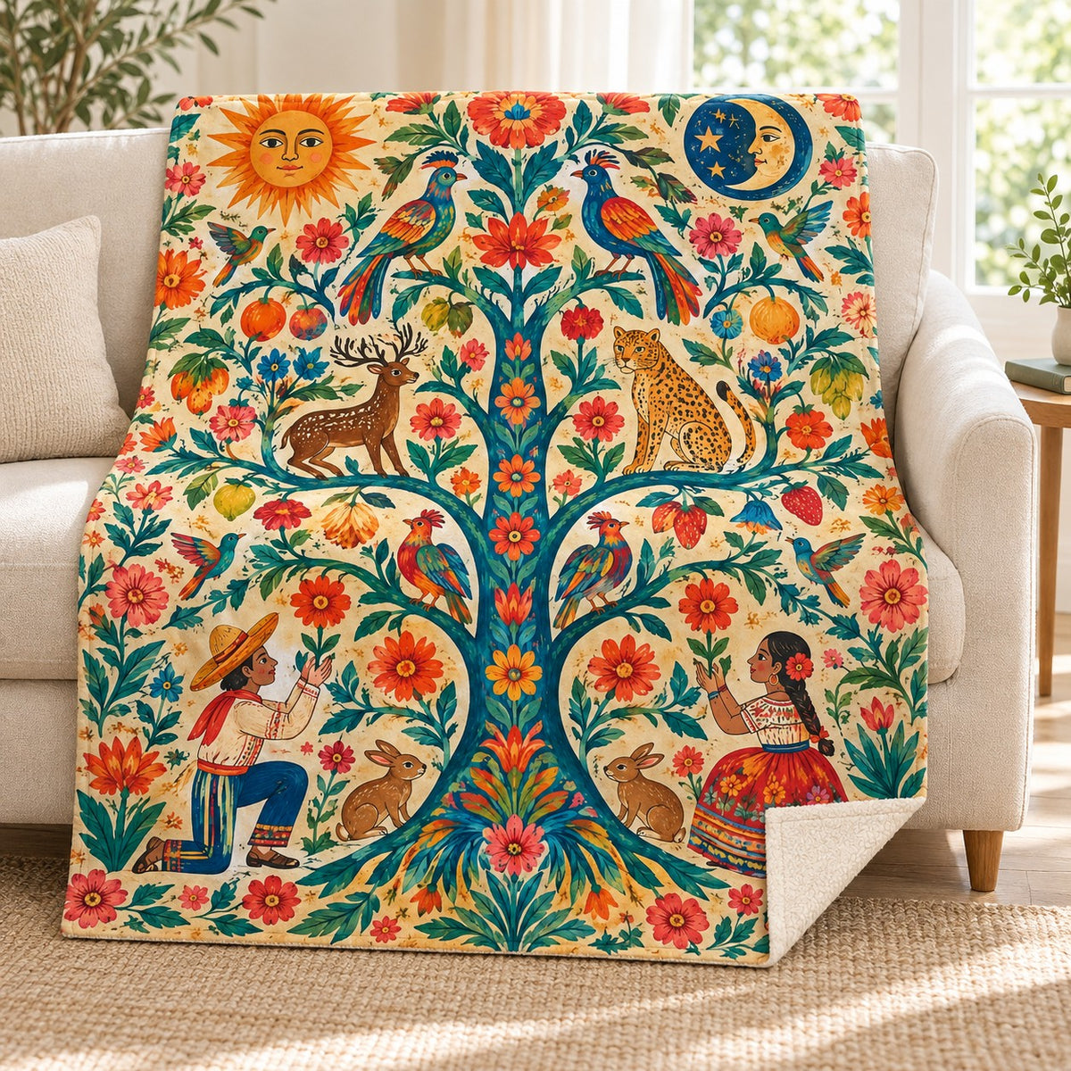 Arbol de la vida blanket, on a sofa