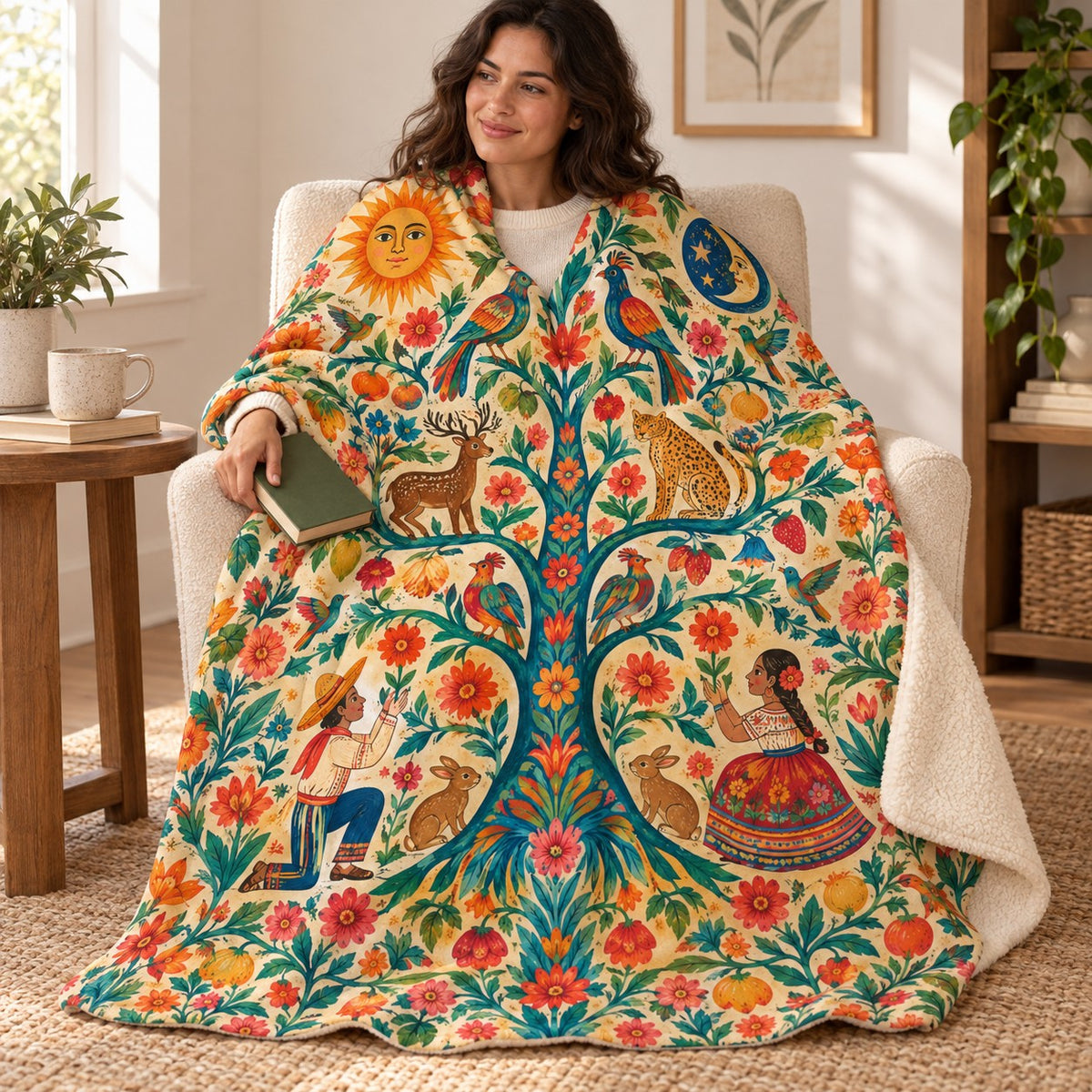 Arbol de la vida blanket, wrapped around a reader