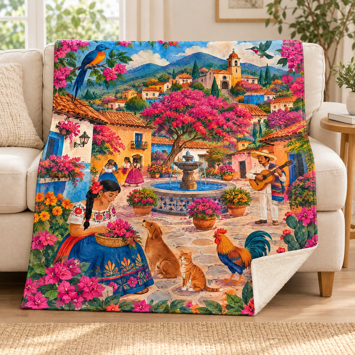 Pueblo de colores blanket, on a sofa