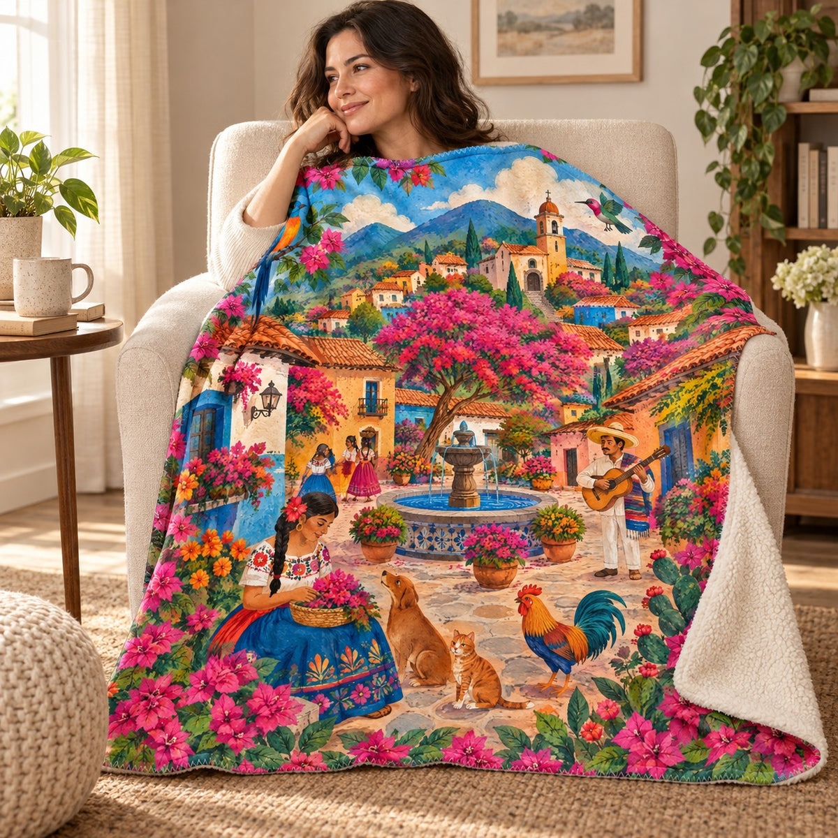 Pueblo de colores blanket, wrapped around a reader