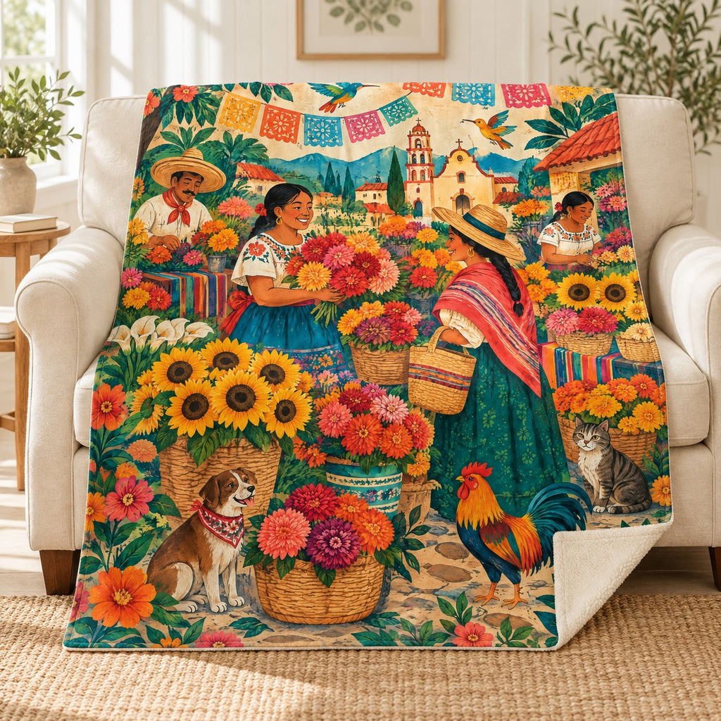 Mercado de flores blanket, on a sofa