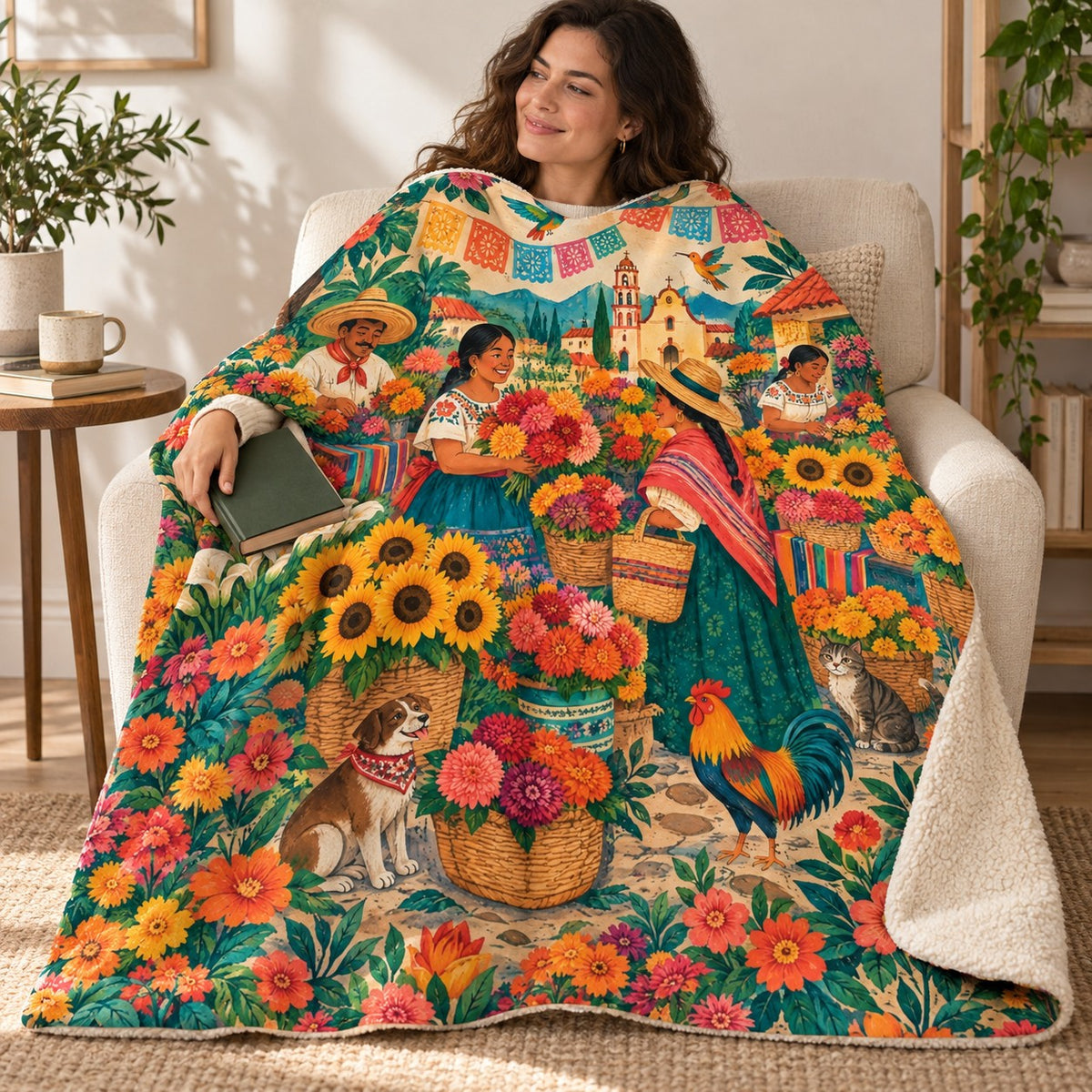 Mercado de flores blanket, wrapped around a reader
