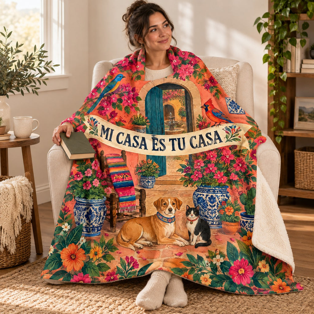 Patio de mi casa blanket, wrapped around a reader