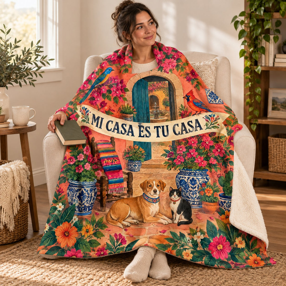 Patio de mi casa blanket, wrapped around a reader