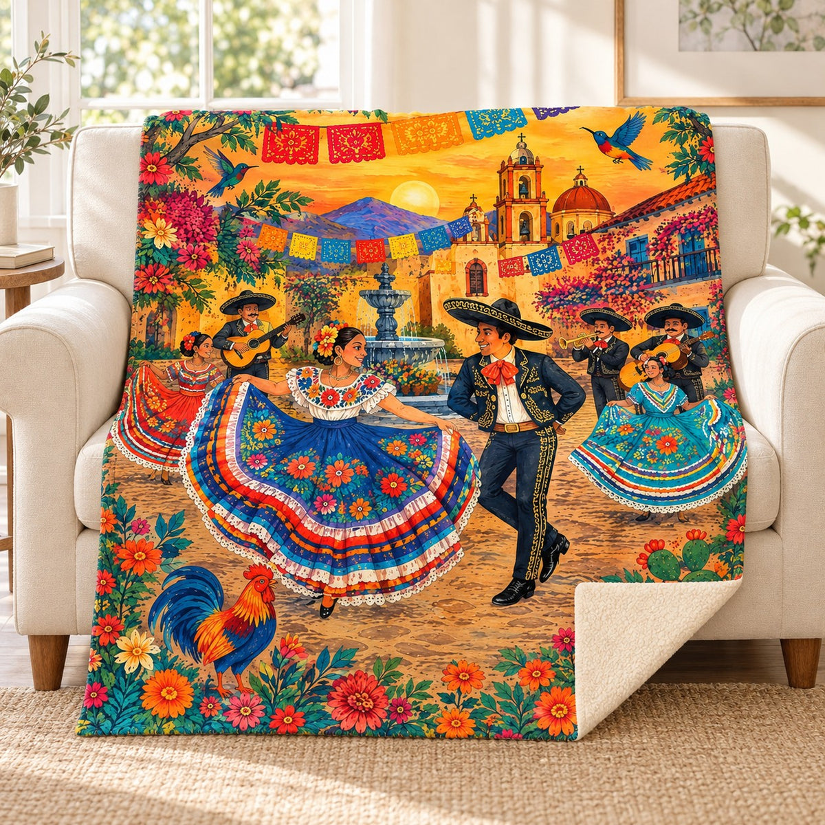 Fiesta del pueblo blanket, on a sofa