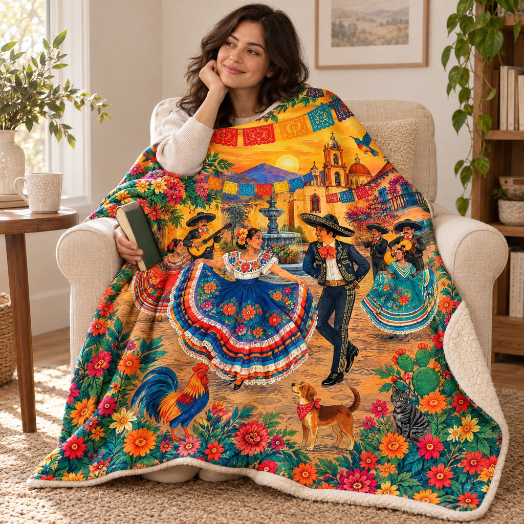 Fiesta del pueblo blanket, wrapped around a reader