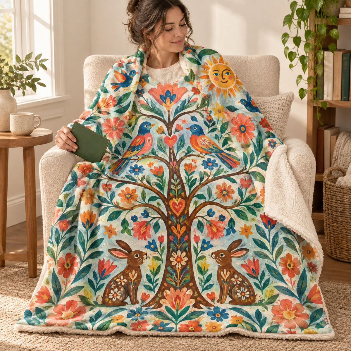 Arbol de los deseos blanket, wrapped around a reader