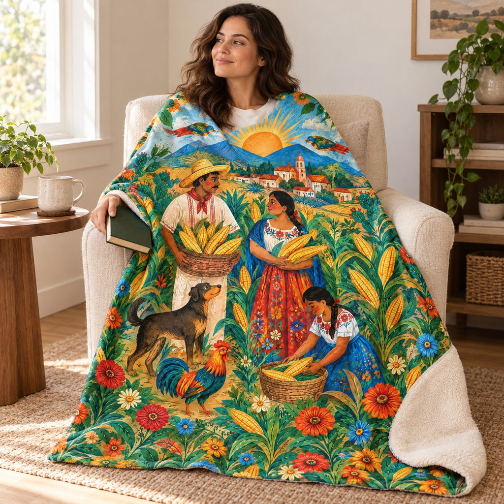 Amanecer de maiz blanket, wrapped around a reader