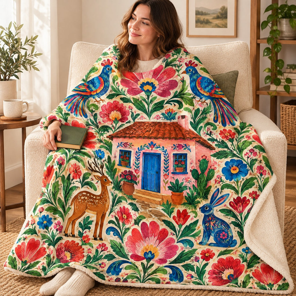 Casa entre flores blanket, wrapped around a reader