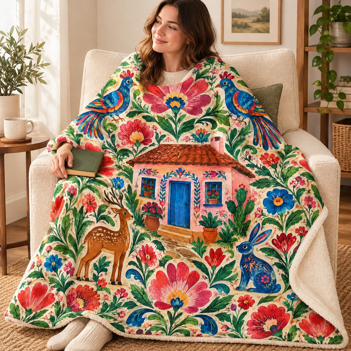 Casa entre flores blanket, wrapped around a reader