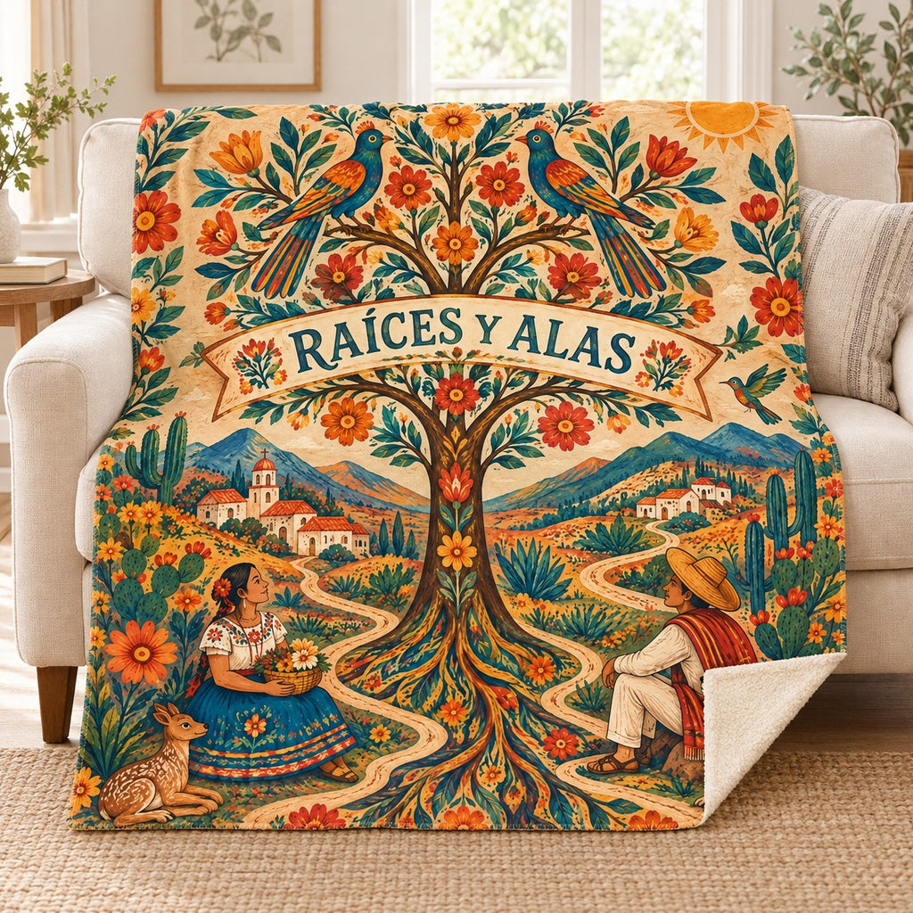 Raices y caminos blanket, on a sofa