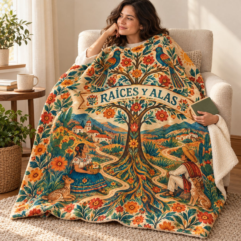 Raices y caminos blanket, wrapped around a reader