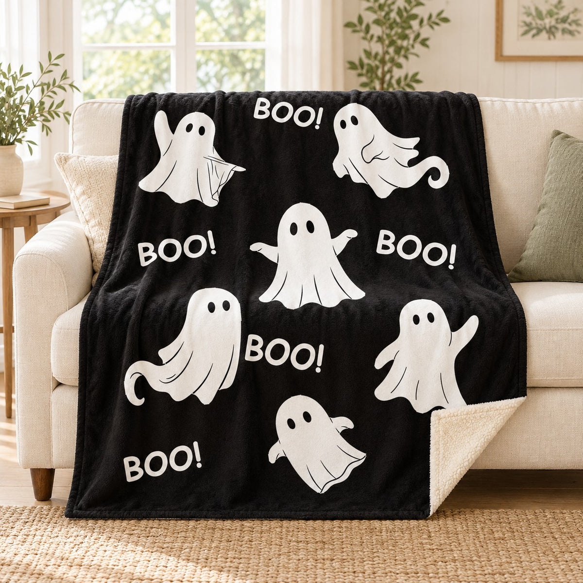 Ghost Boo - Black blanket, on a sofa