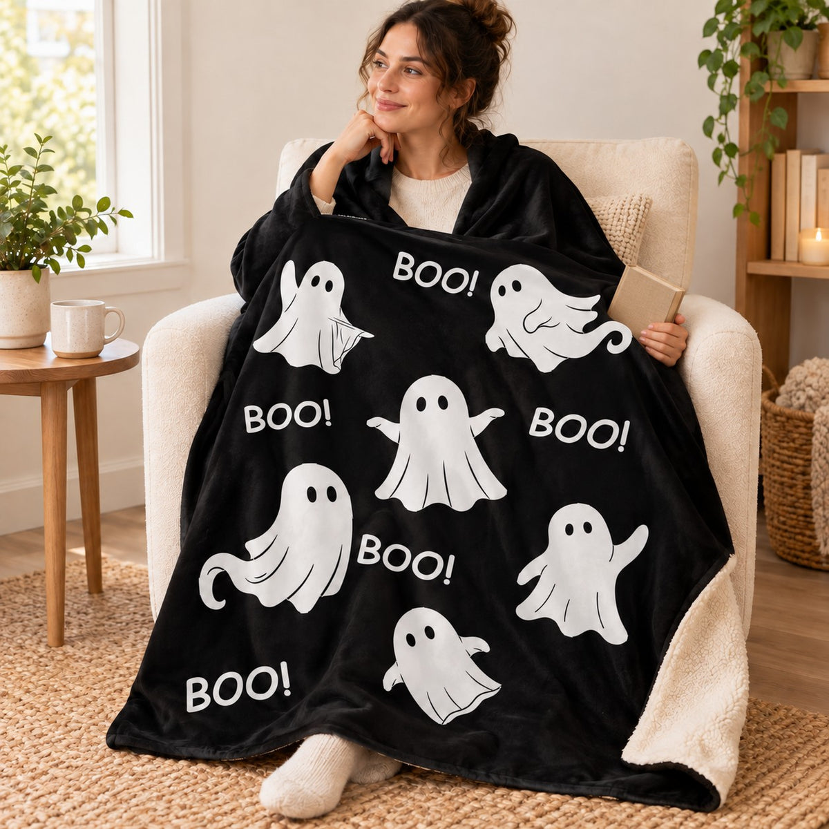 Ghost Boo - Black blanket, wrapped around a reader