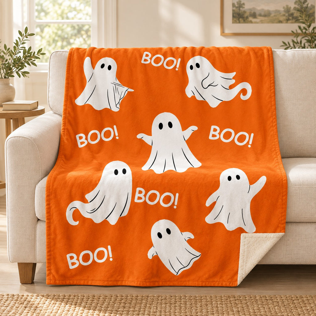 Ghost Boo - Orange blanket, on a sofa